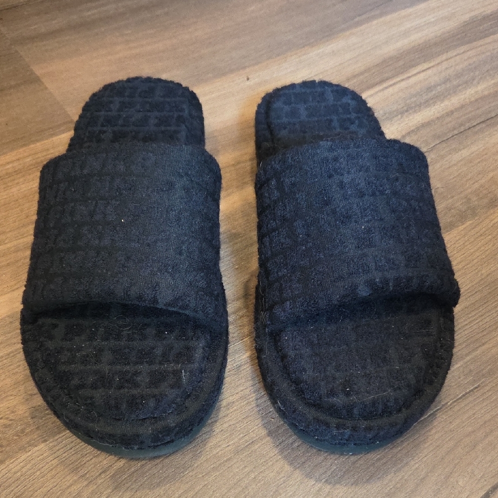 Black Textured Terry Slide Sandals Victorias Secret Pink